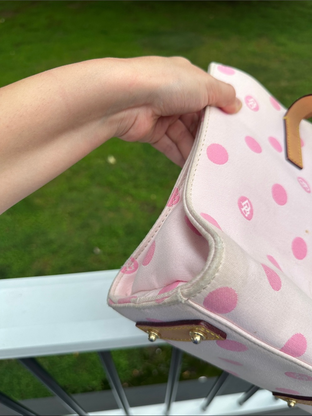 Dooney & Bourke East/West Pink Polka Dot Tote Bag with Tan Straps - Picture 11 of 15